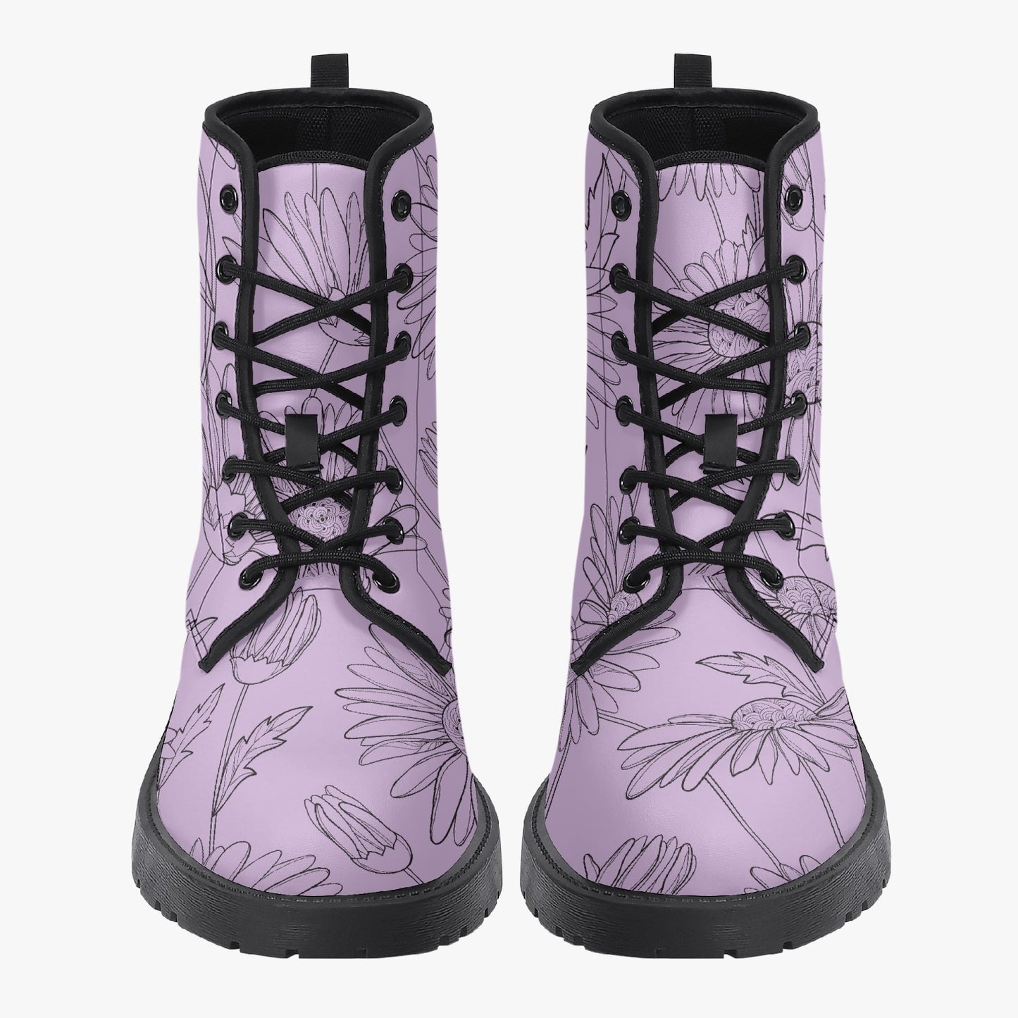 Light Purple Floral Leather Combat Boots