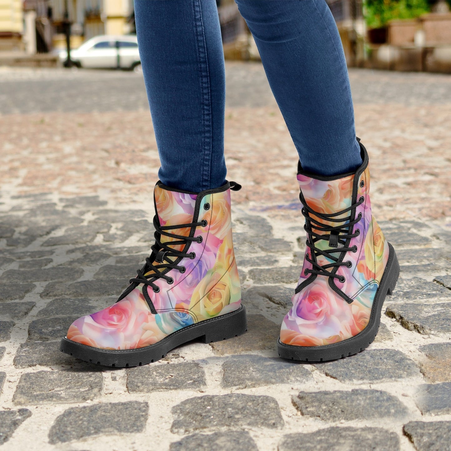 Watercolor Floral Leather Combat Boots