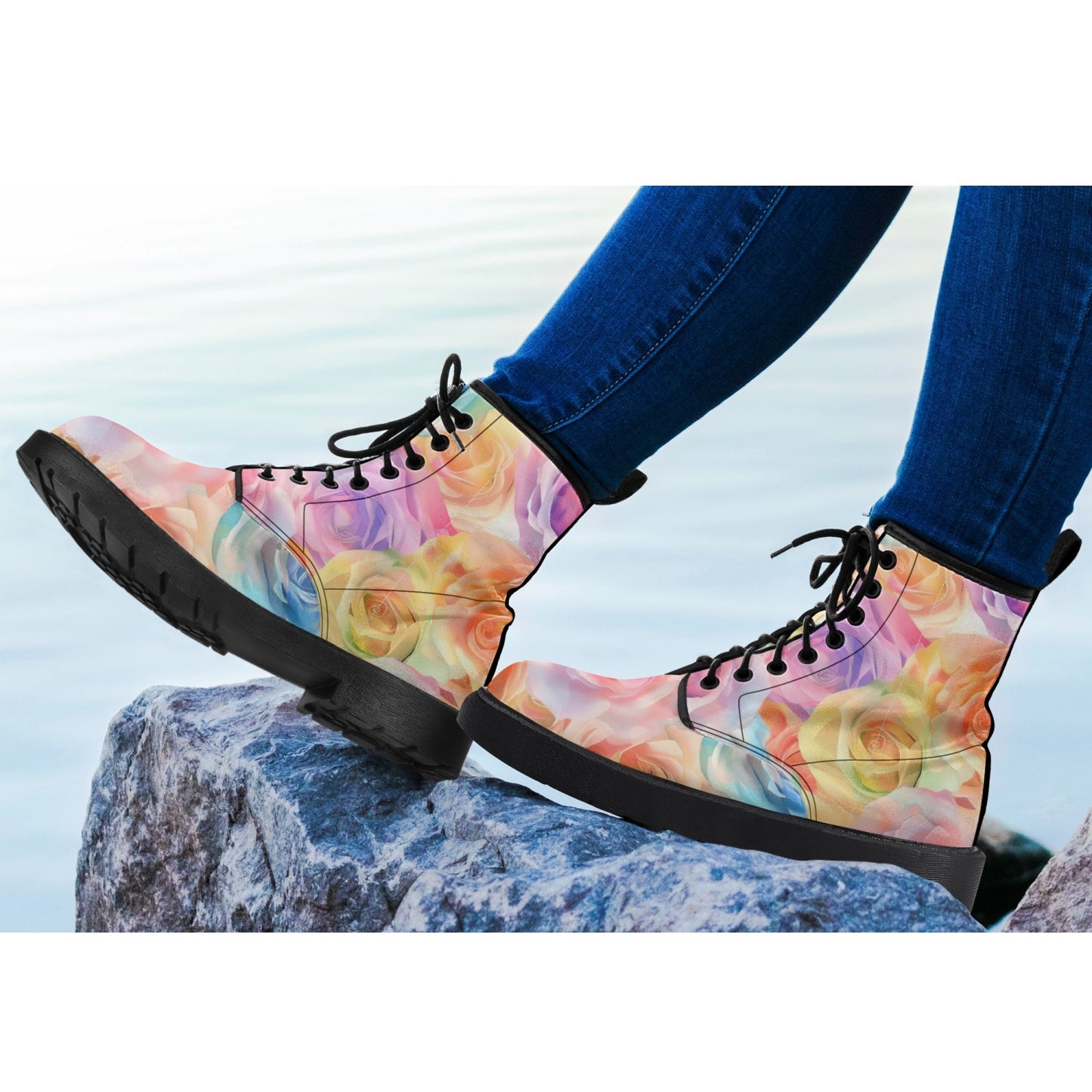 Watercolor Floral Leather Combat Boots