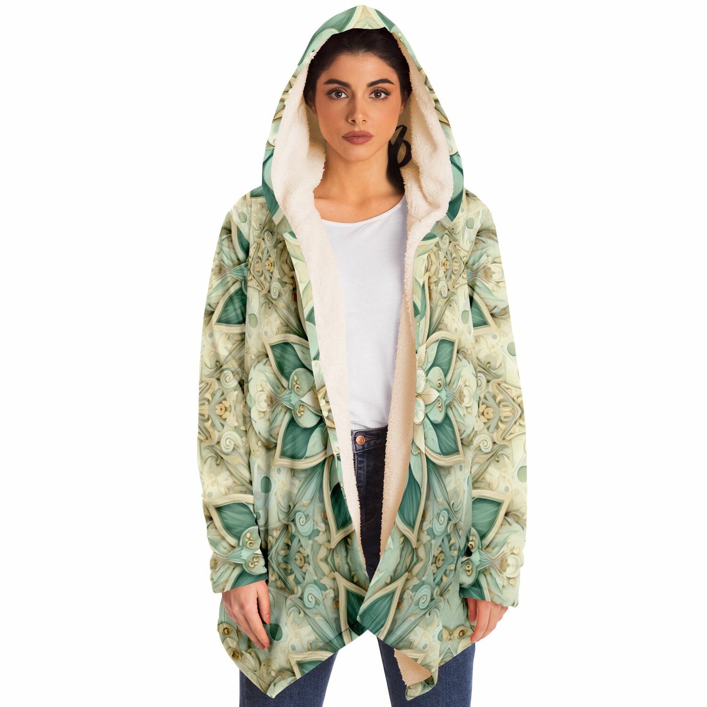 Woman wearing Abstract Green Pastel Fleece Lined Hooded Cloak with floral design and cozy inside lining