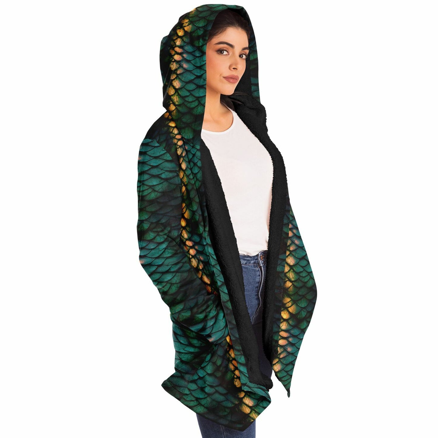 Green Dragon Scales Fleece Lined Hooded Cloak
