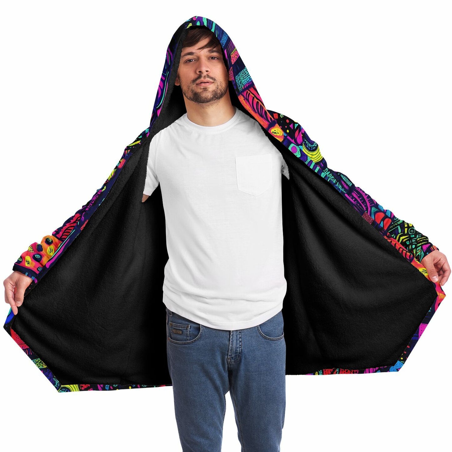 Psychedelic Trippy Patchwork Fleece Lined Hooded Cloak