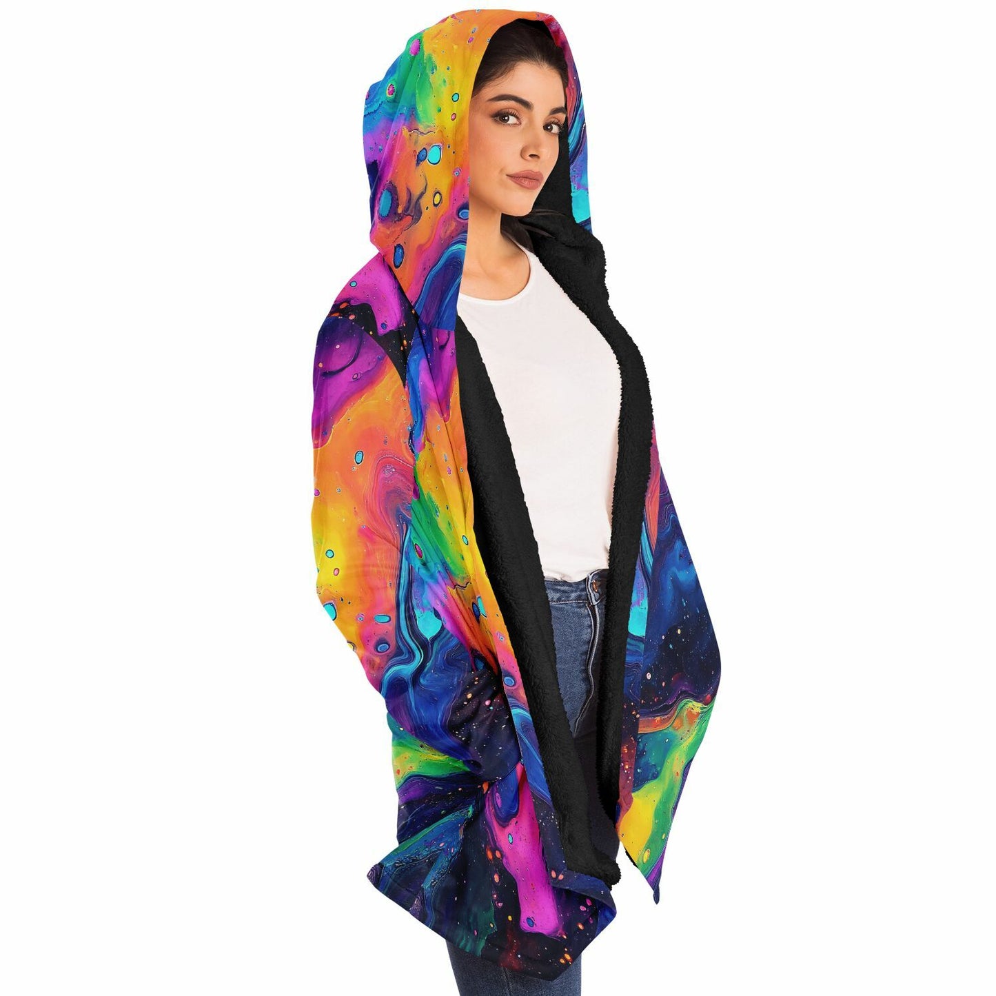 Psychedelic Liquid Splash Fleece Lined Hooded Cloak