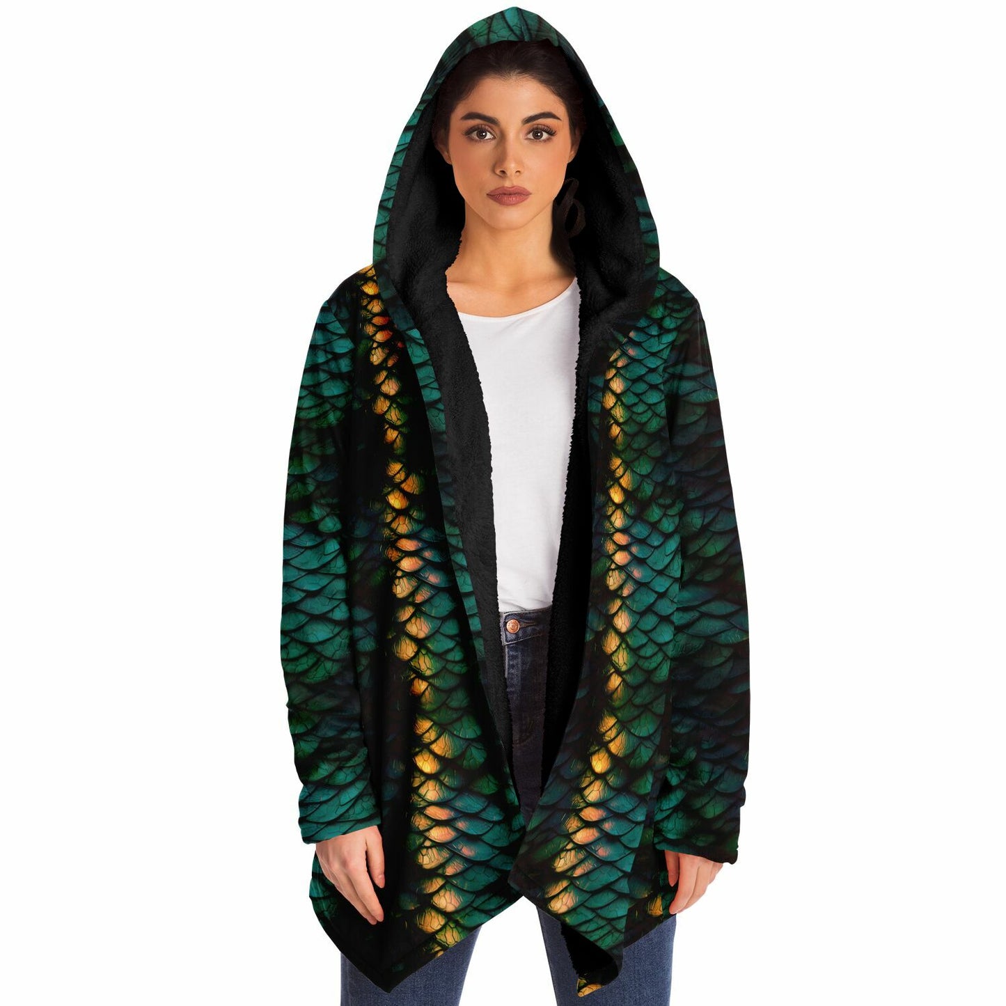 Green Dragon Scales Fleece Lined Hooded Cloak