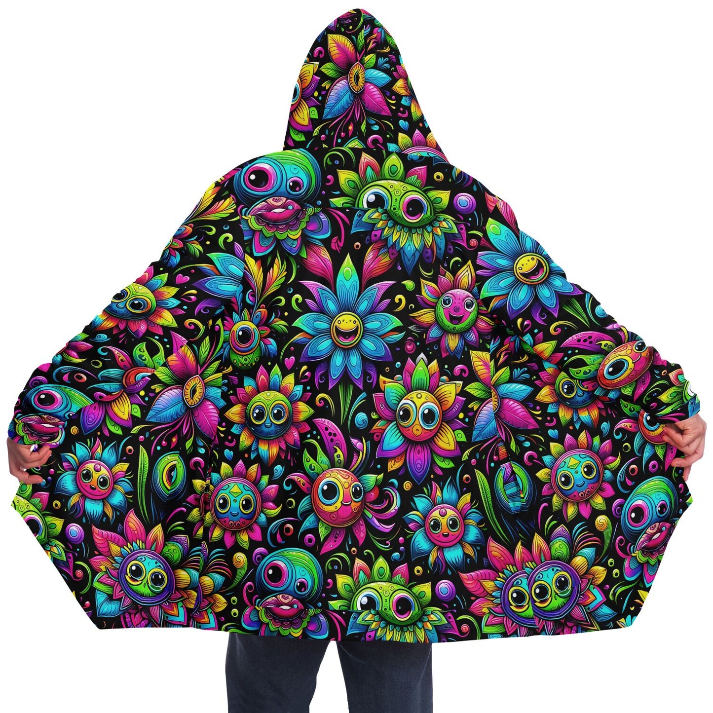 Psychedelic Happy Funny Flowers Fleece Lined Hooded Cloak