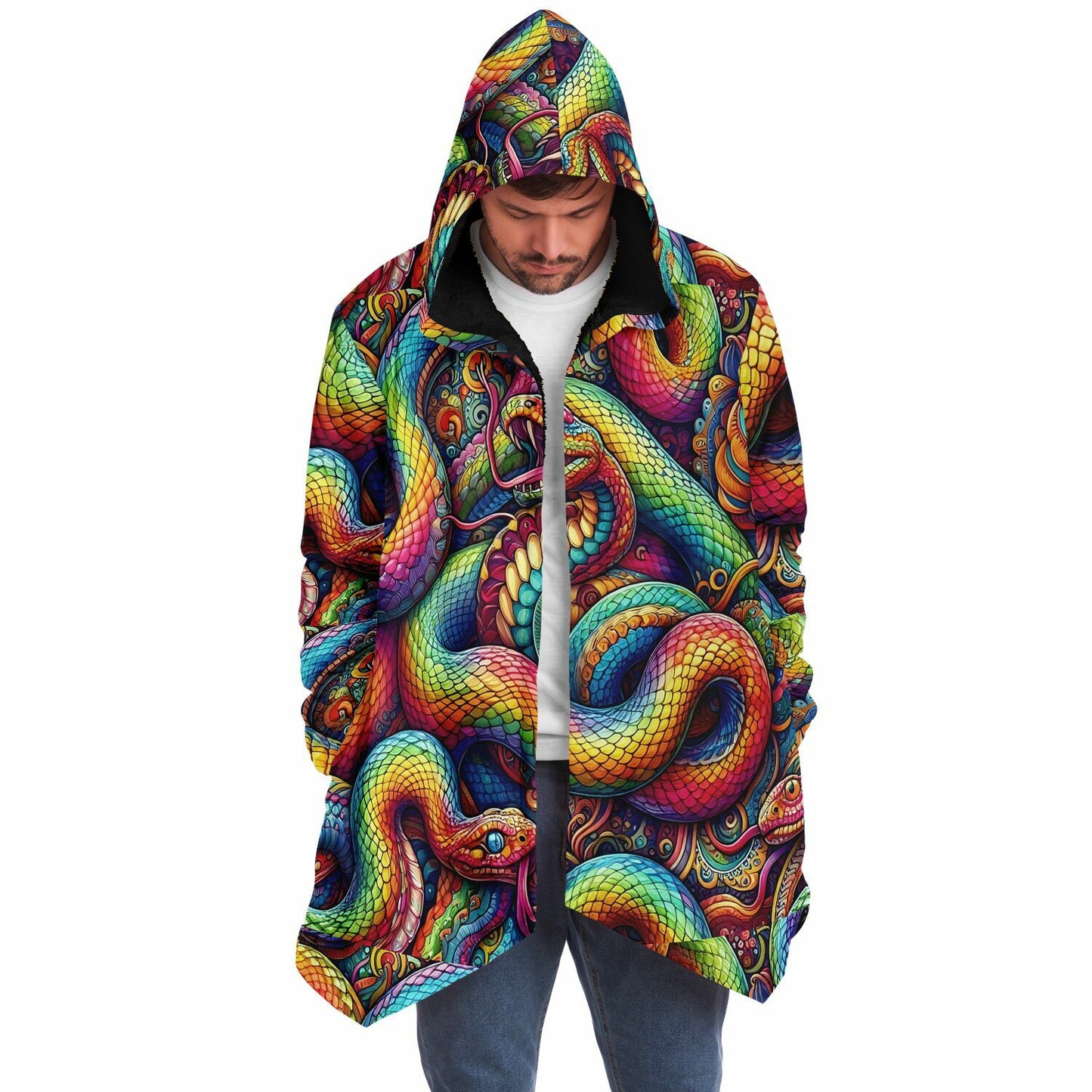 Psychedelic Rainbow Snakes Fleece Lined Hooded Cloak