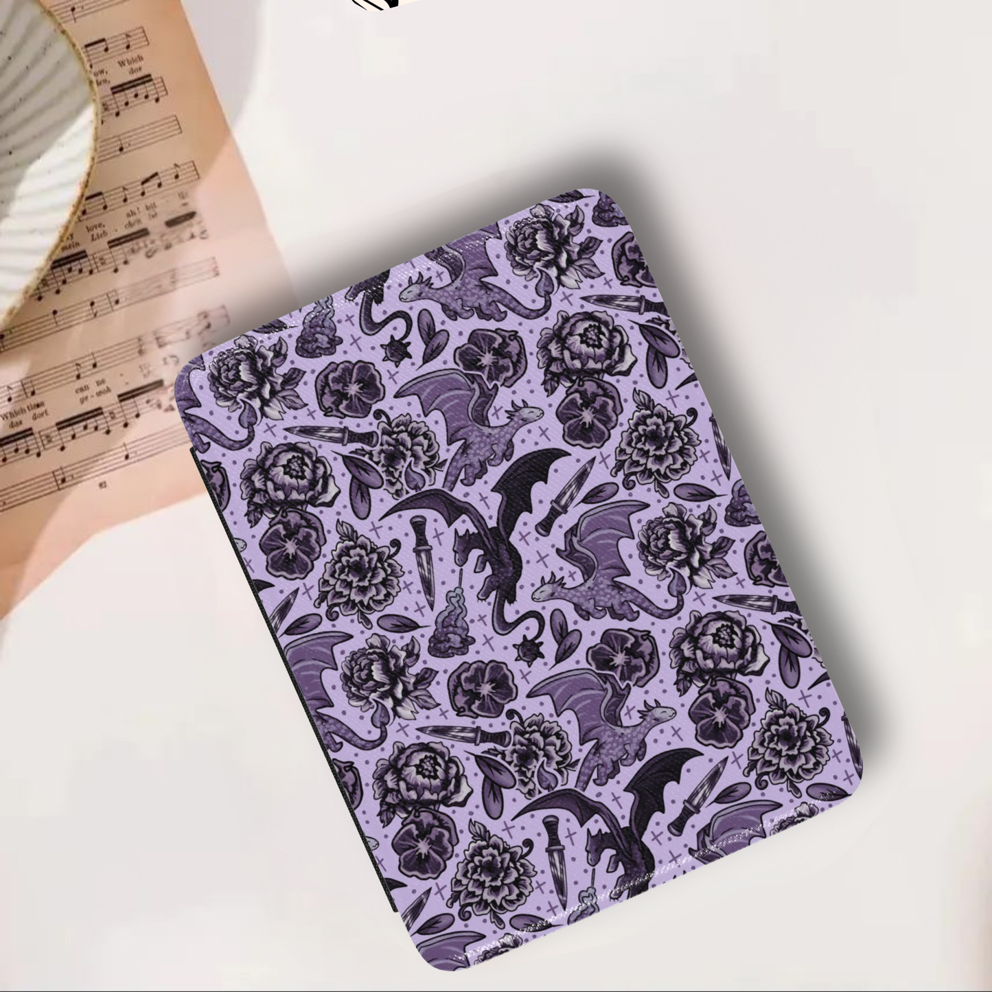 Dragon Floral Porcelain Leather Kindle Case with Hand Strap