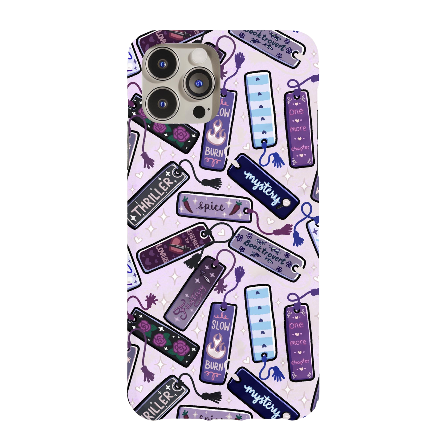 a purple phone case with a bunch of different items on it