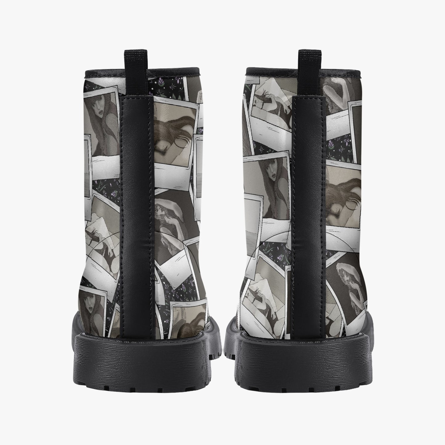 Black White TSwift Polaroids Leather Combat Boots