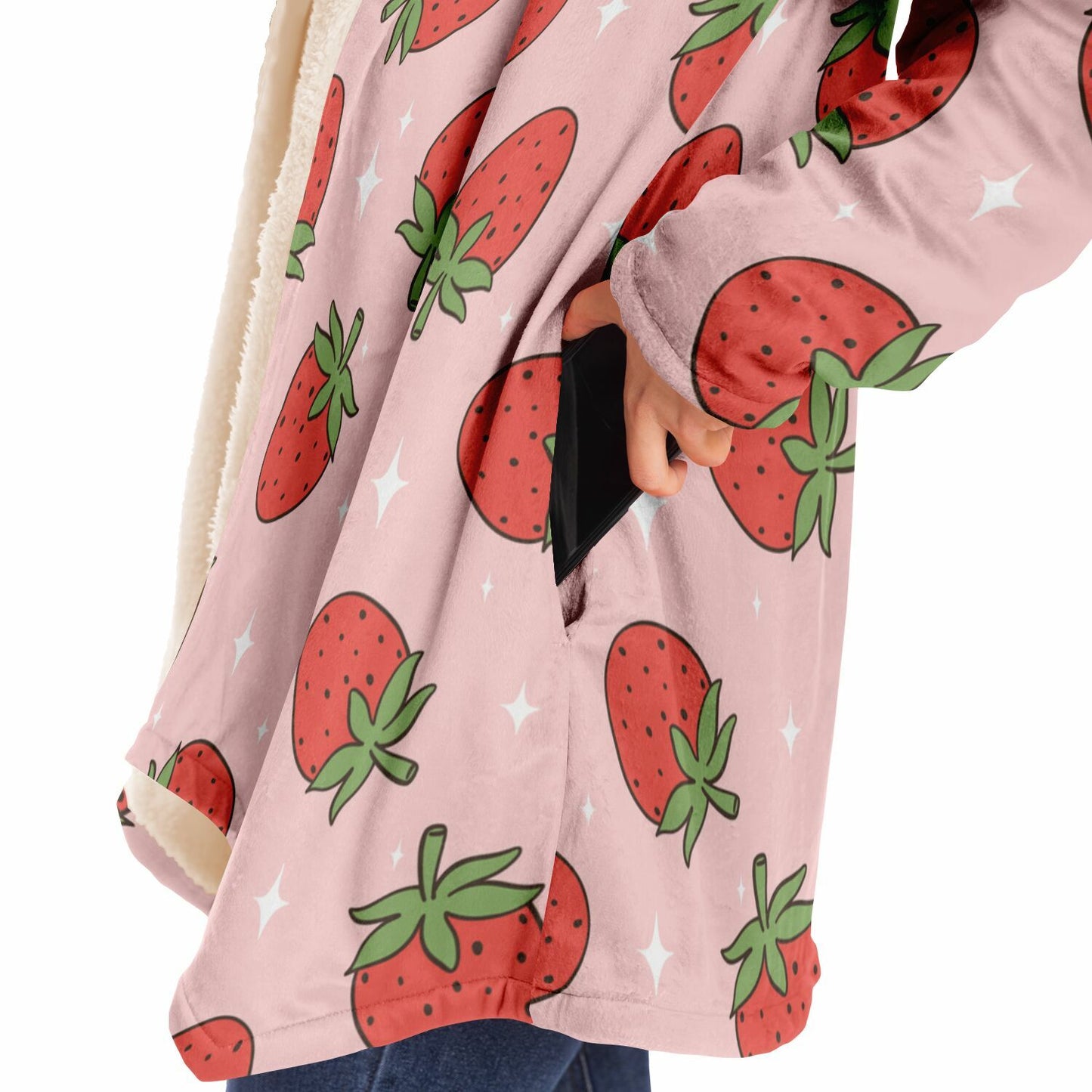 Red Pink Strawberries Fleece Lined Hooded Cloak