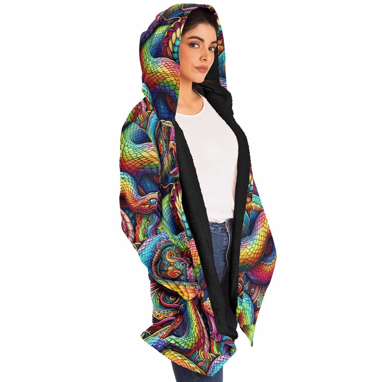 Psychedelic Rainbow Snakes Fleece Lined Hooded Cloak