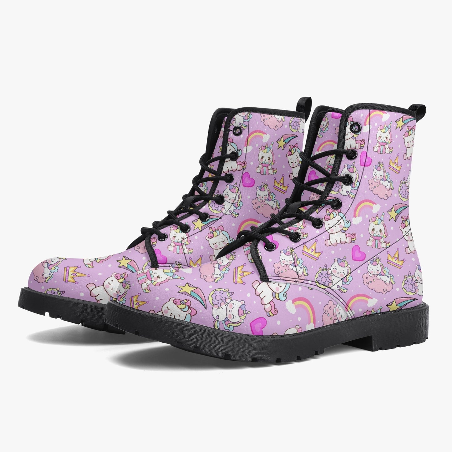Happy Unicorns Pink Leather Combat Boots