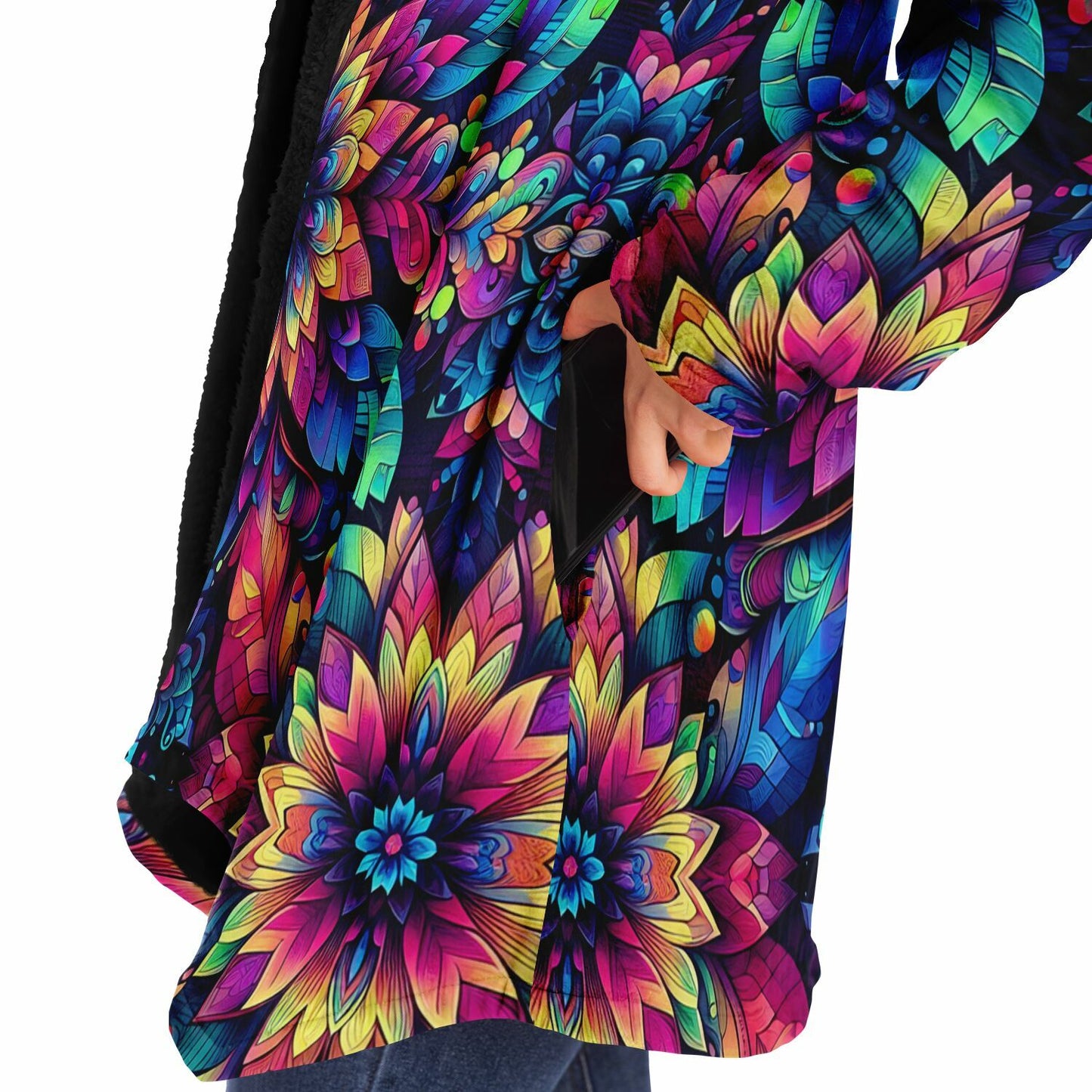 Psychedelic Concentric Floral Fleece Lined Hooded Cloak