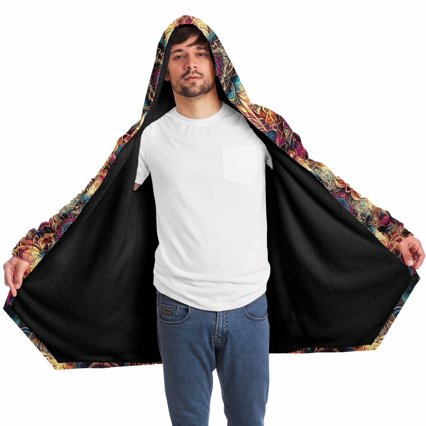 Psychedelic Floral Mandala Fleece Lined Hooded Cloak