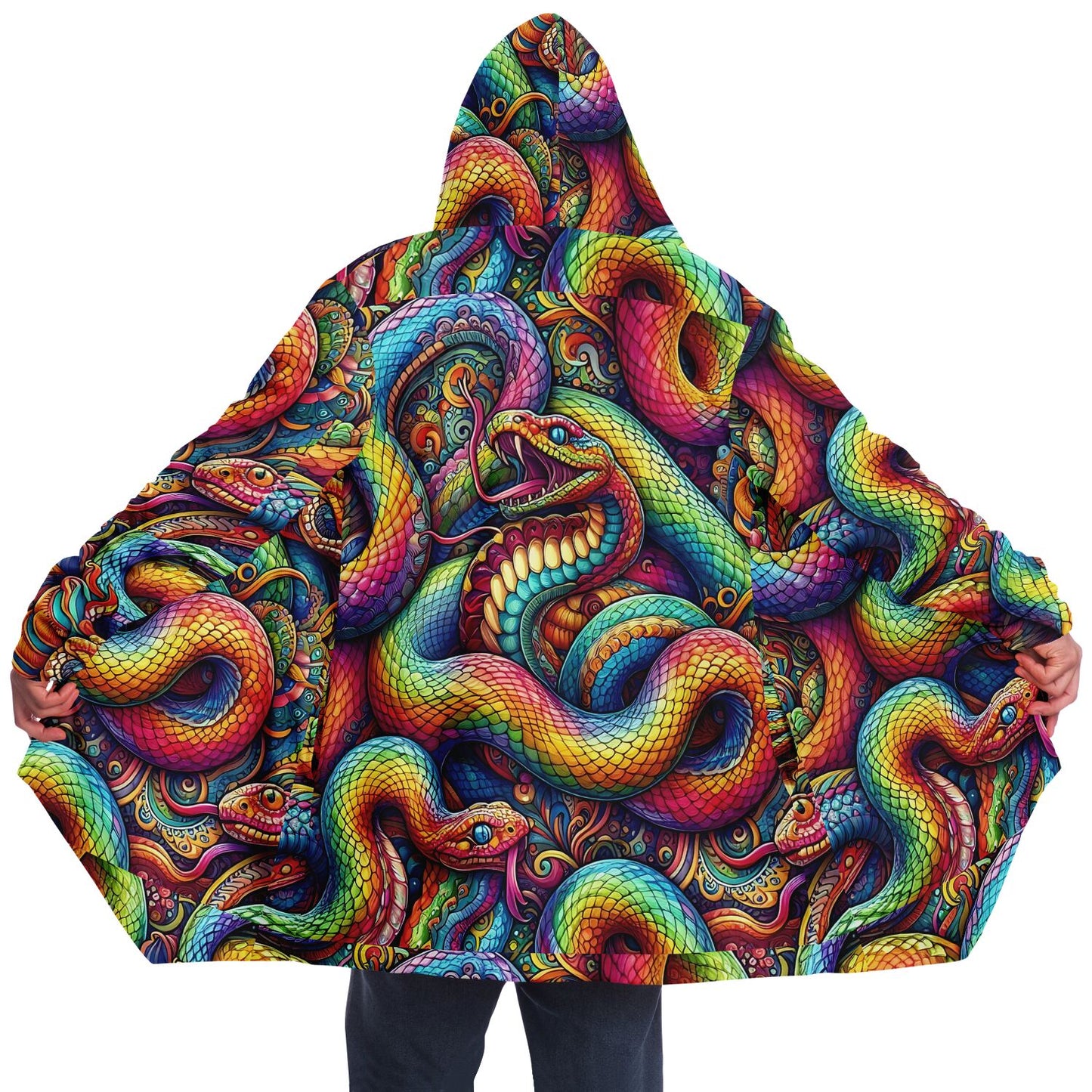 Psychedelic Rainbow Snakes Fleece Lined Hooded Cloak