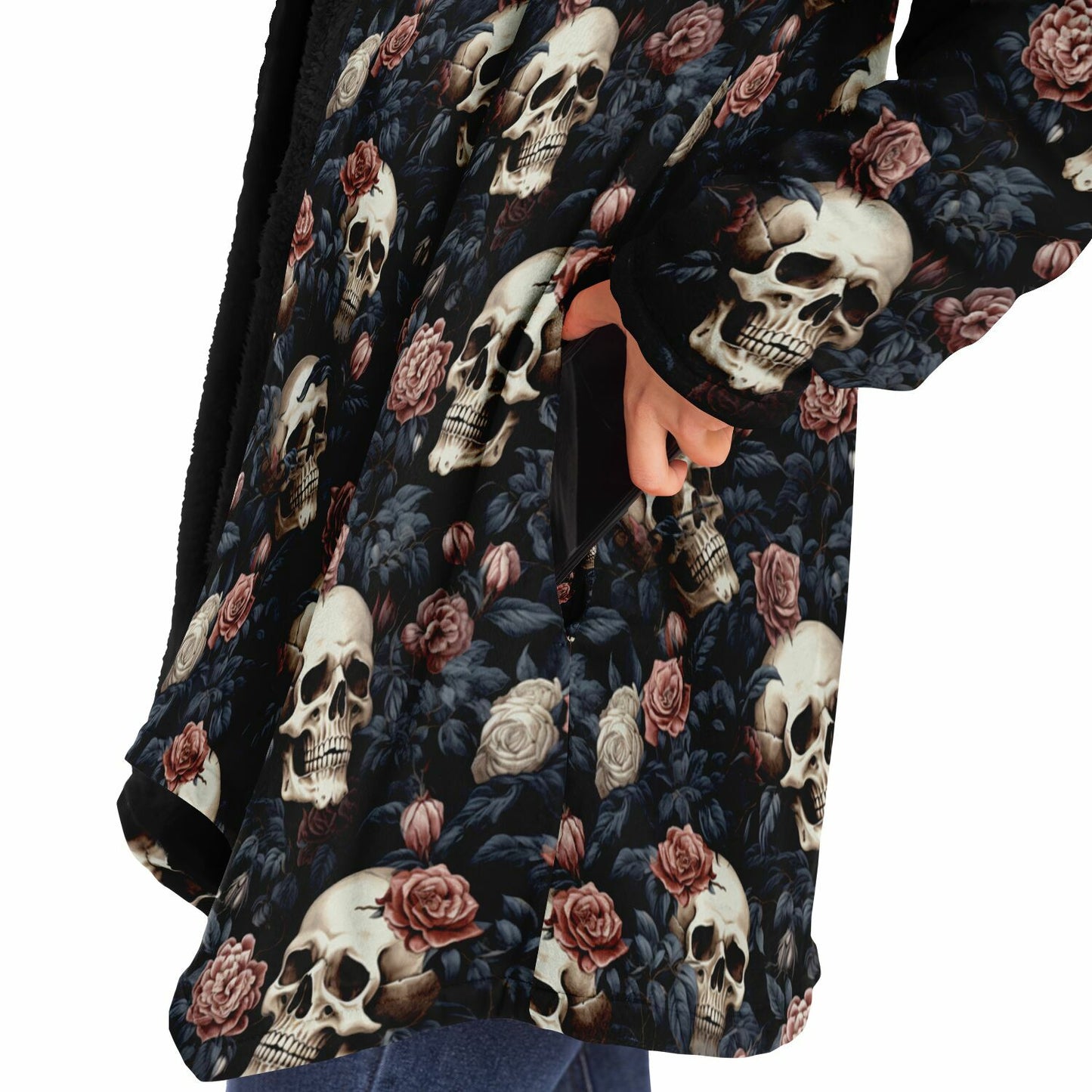 Gothic Skulls Pink Floral Fleece Lined Hooded Cloak