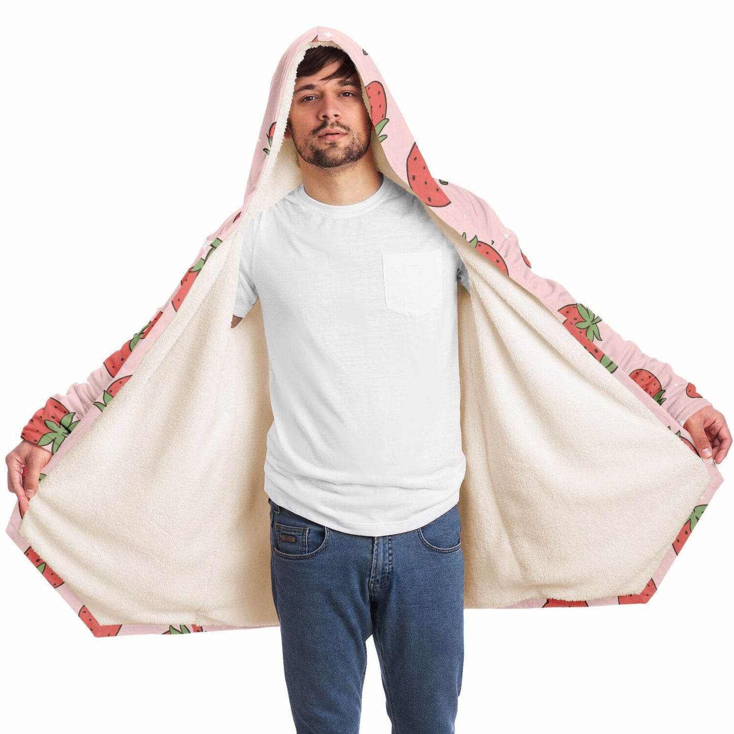 Red Pink Strawberries Fleece Lined Hooded Cloak