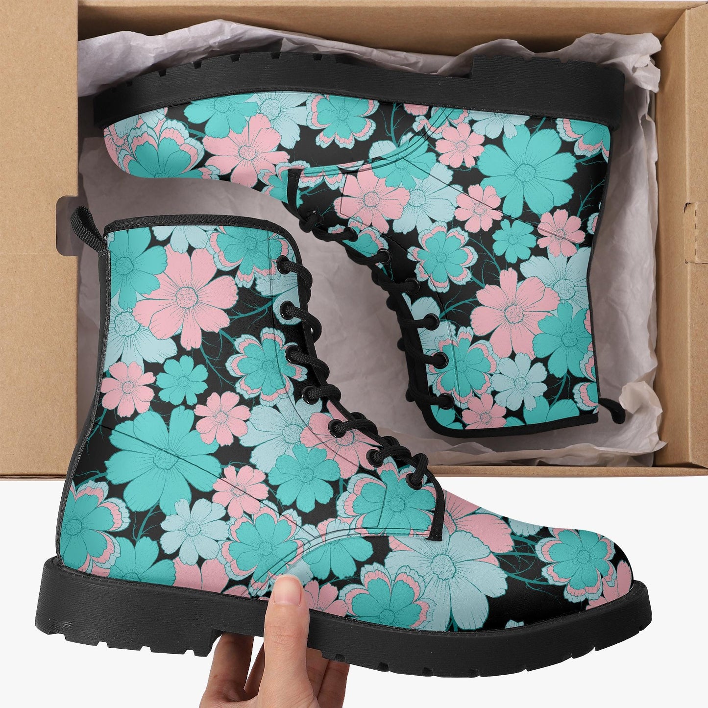 Retro Blue Pink Floral Leather Combat Boots
