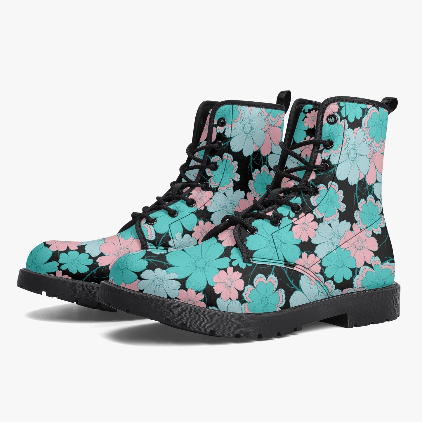 Retro Blue Pink Floral Leather Combat Boots