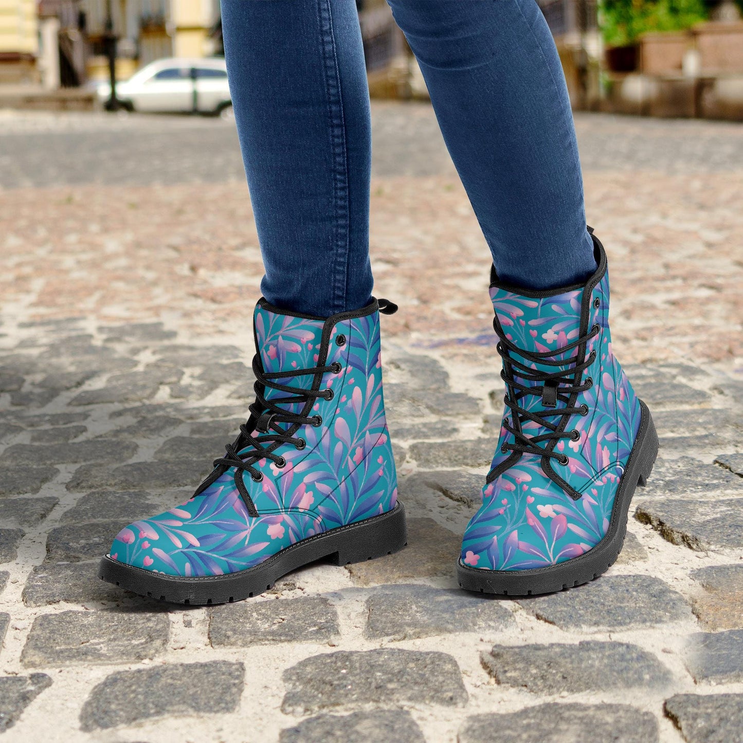Fern Floral Leather Combat Boots
