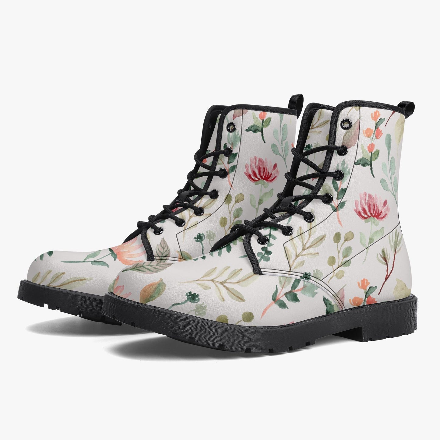 Floral Flowers White Leather Combat Boots