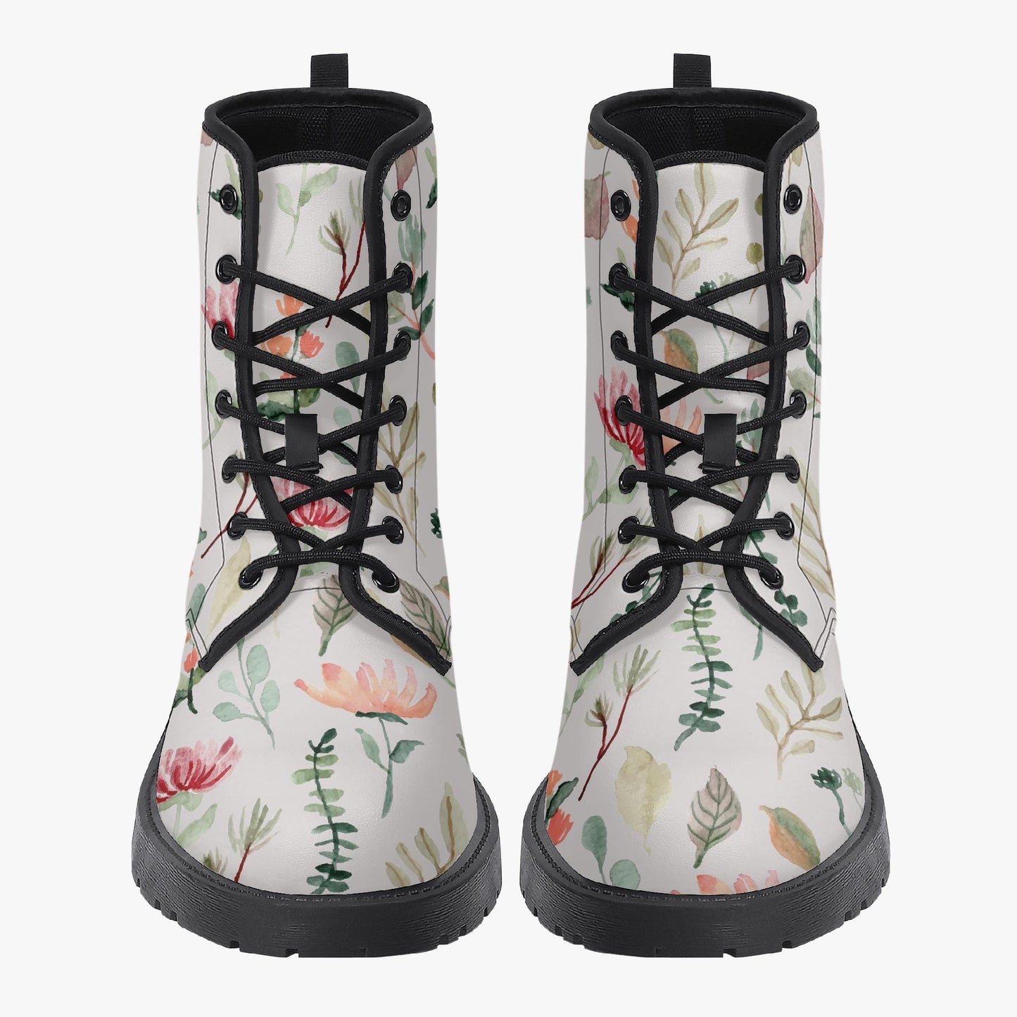 Floral Flowers White Leather Combat Boots