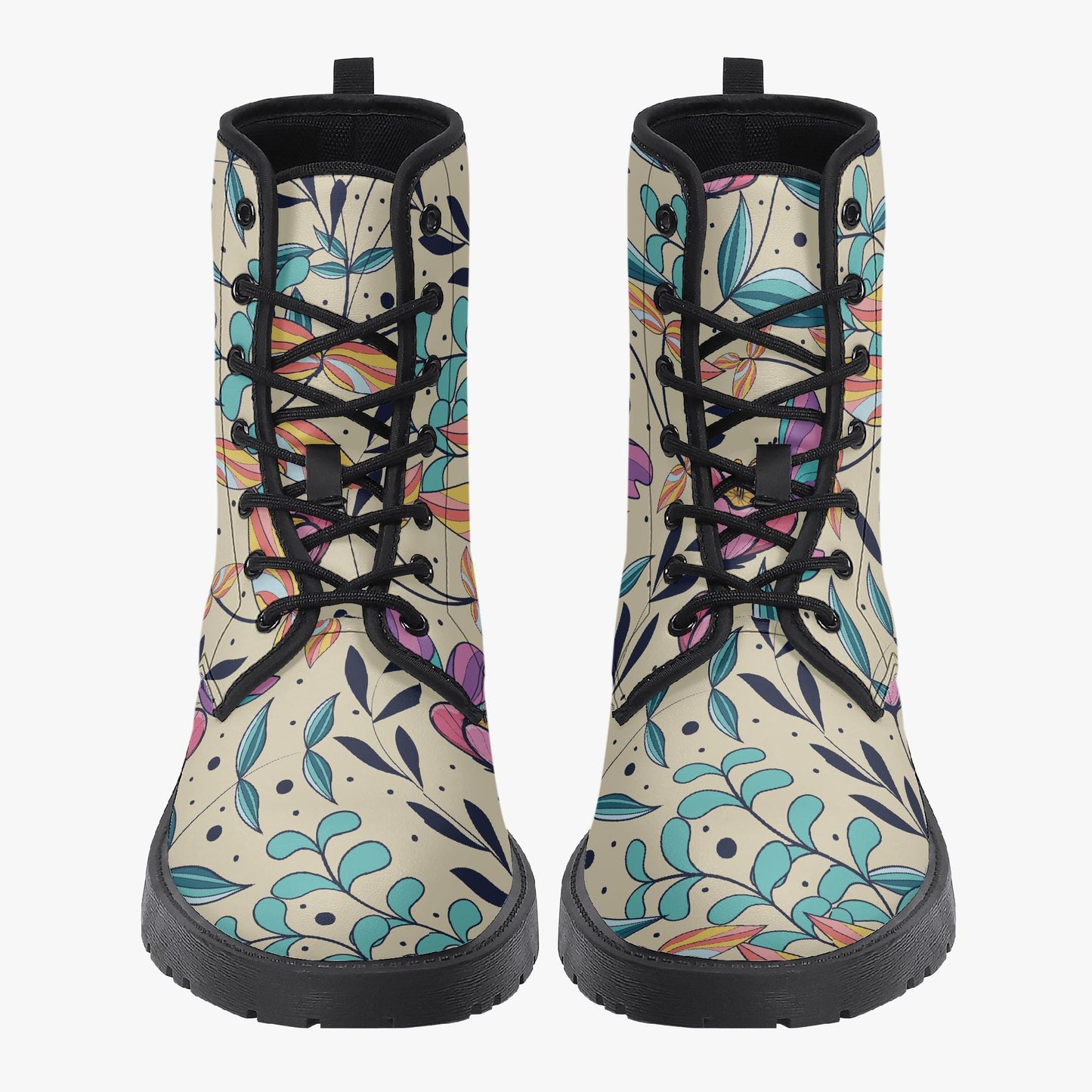 Floral Flowers Leather Combat Boots