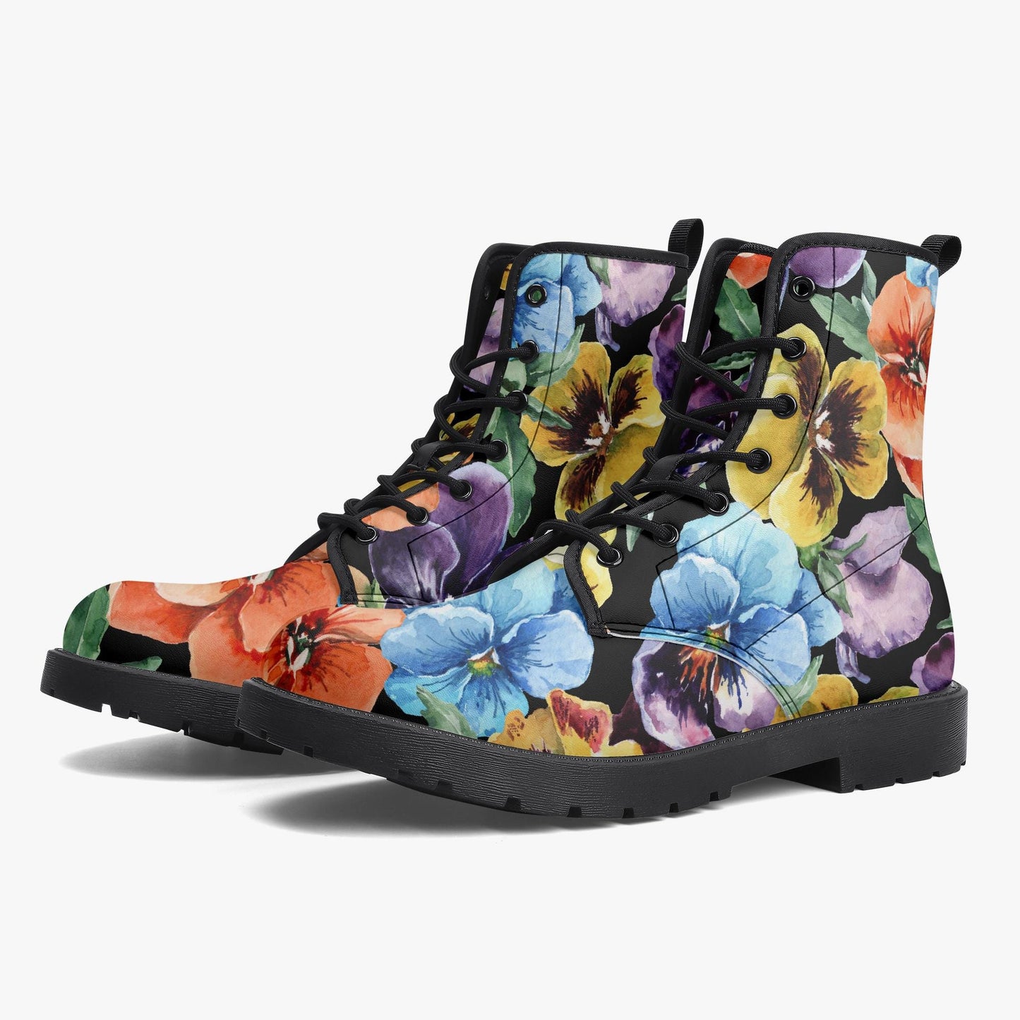Floral Flowers Black Leather Combat Boots
