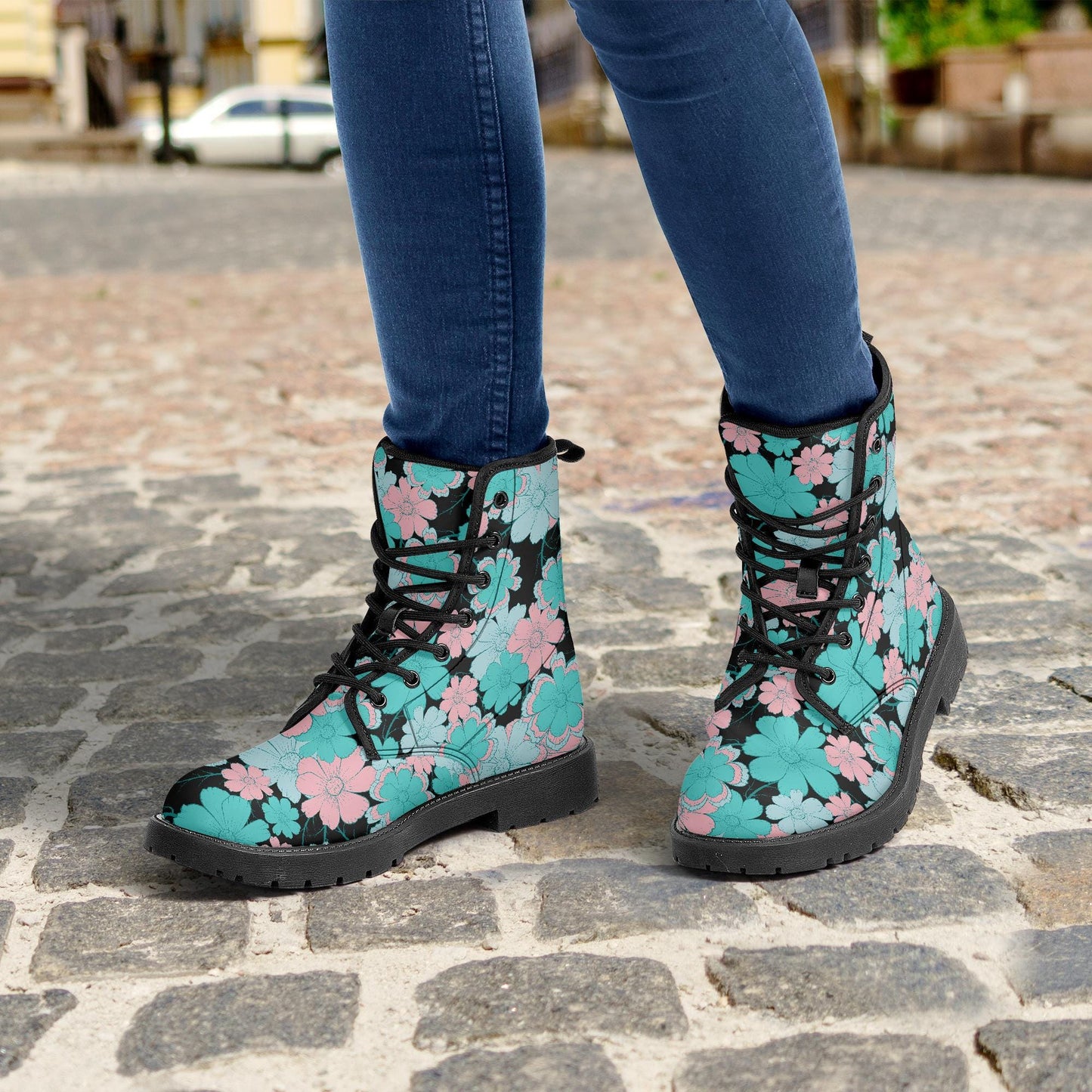 Retro Blue Pink Floral Leather Combat Boots