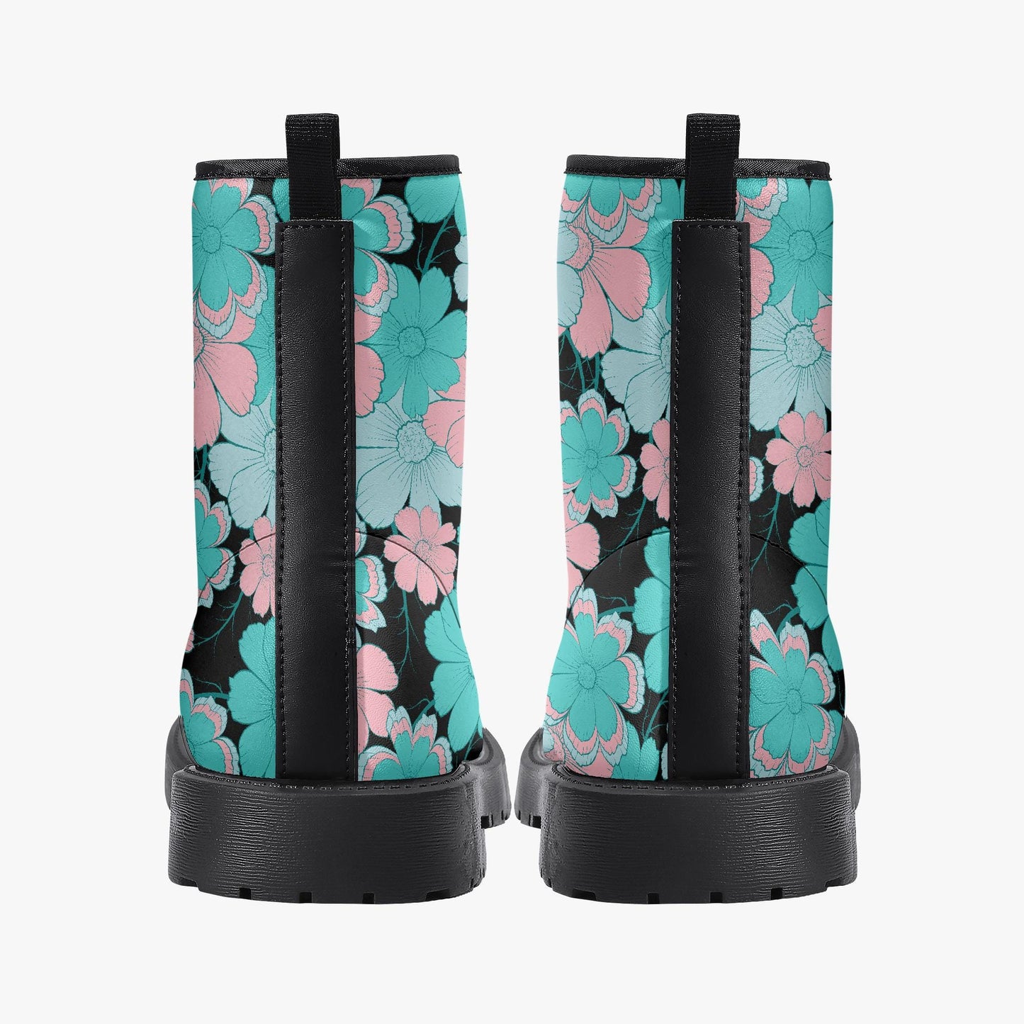 Retro Blue Pink Floral Leather Combat Boots
