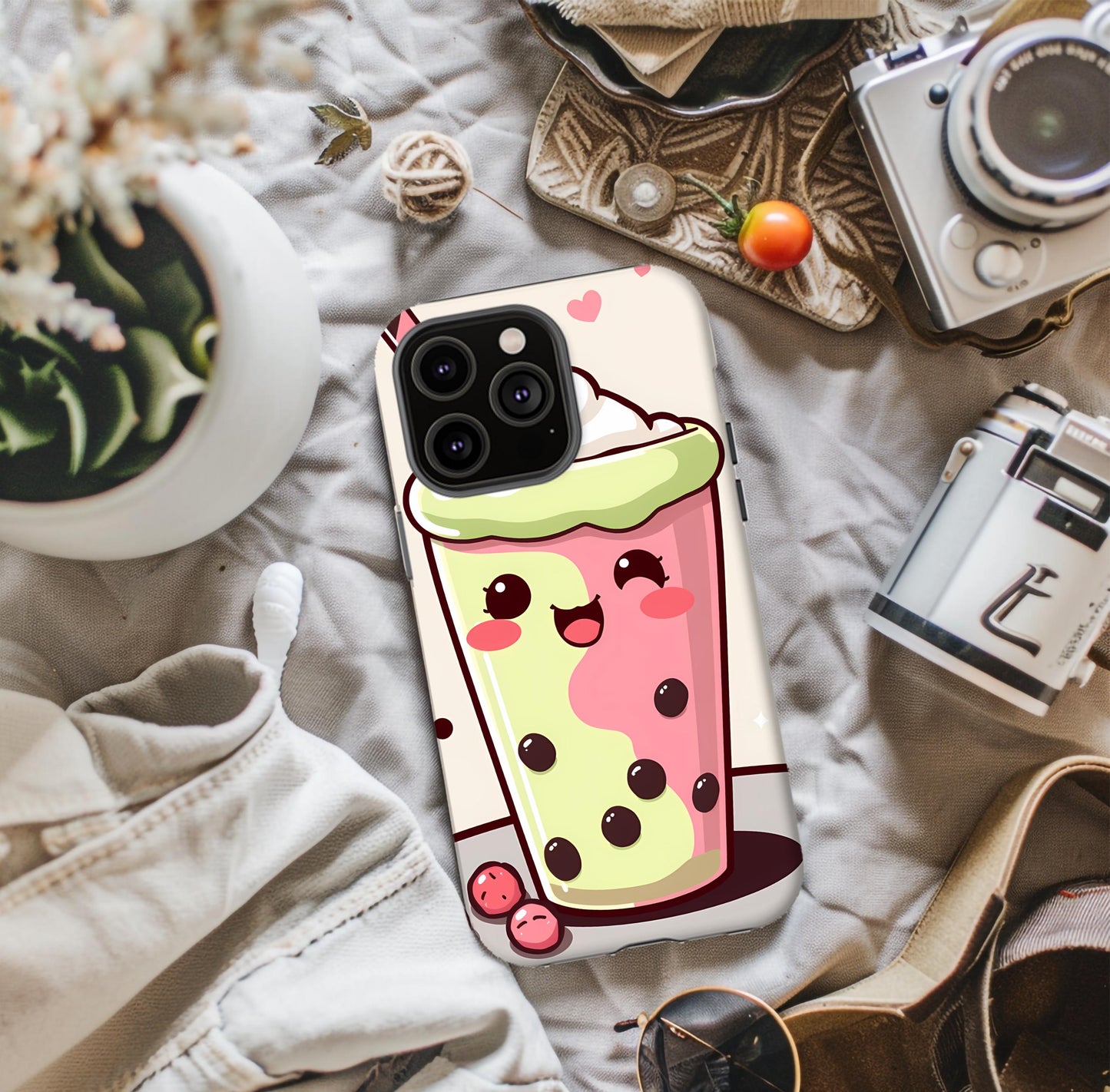 Kawaii Boba Tea Phone Case featuring a cute smiling boba tea design with pink and green colors on a smartphone.