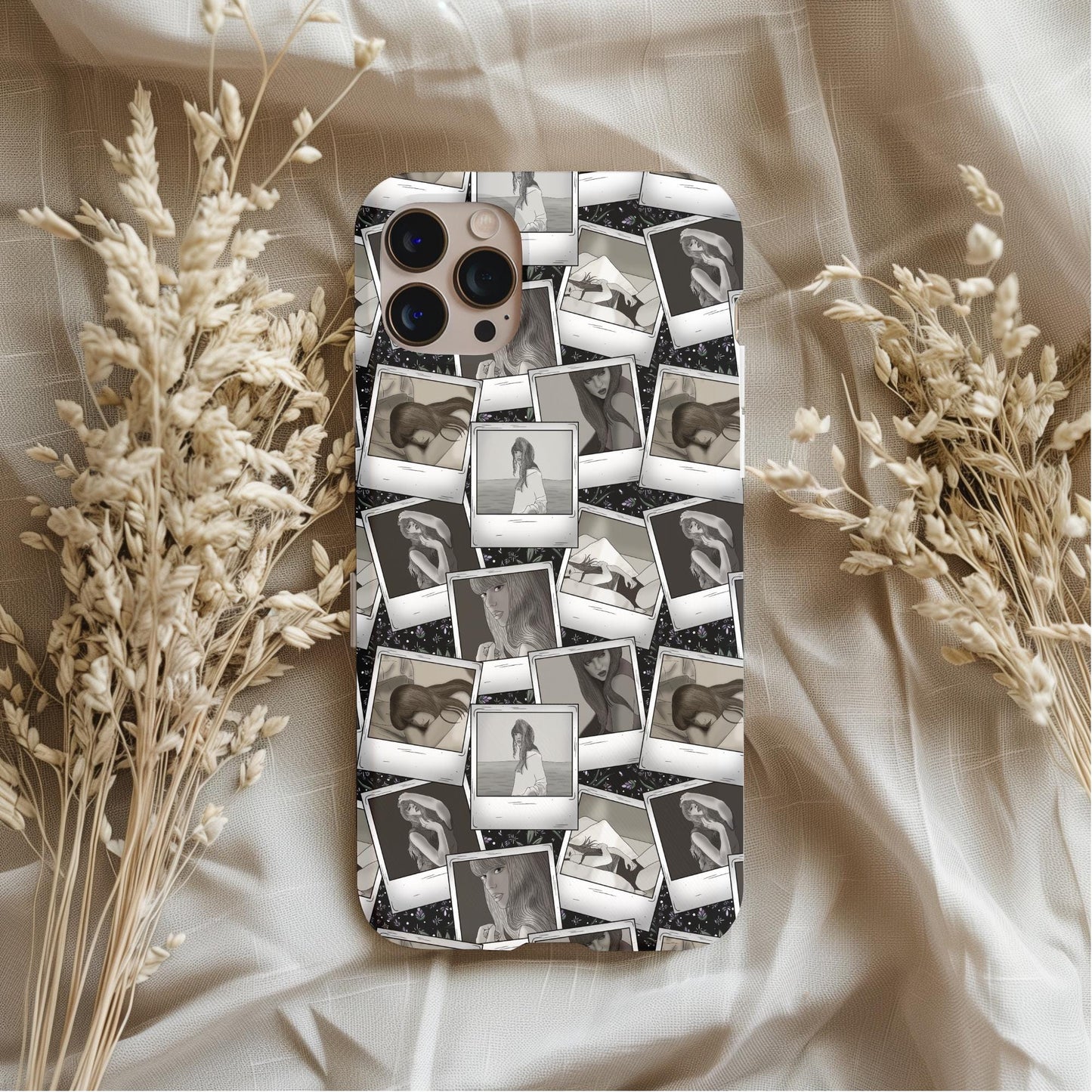 Taylor Swift TTPD Polaroids Phone Case with vintage-style black and white photos on a soft fabric background