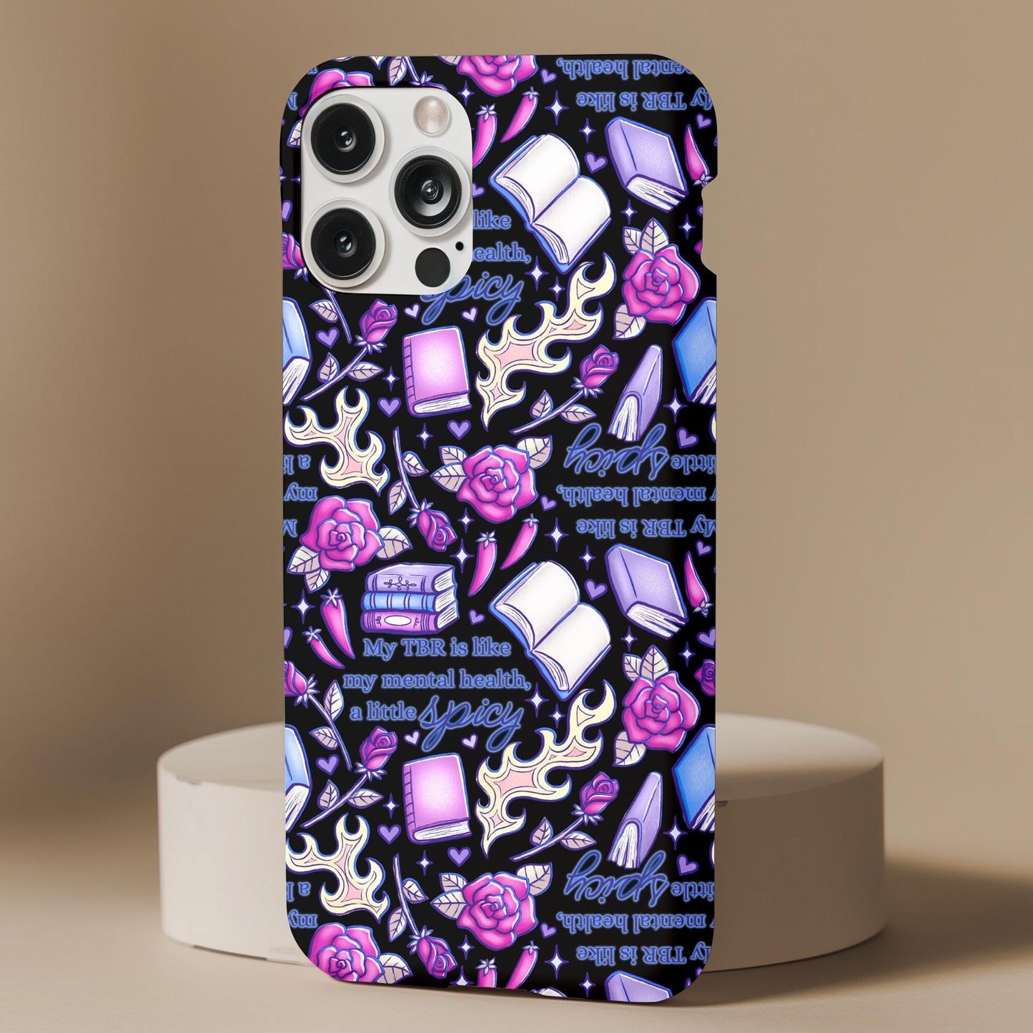 TBR Spicy Book Lover NeuroSpicy Phone Case featuring colorful books, flames, and roses on a dark background
