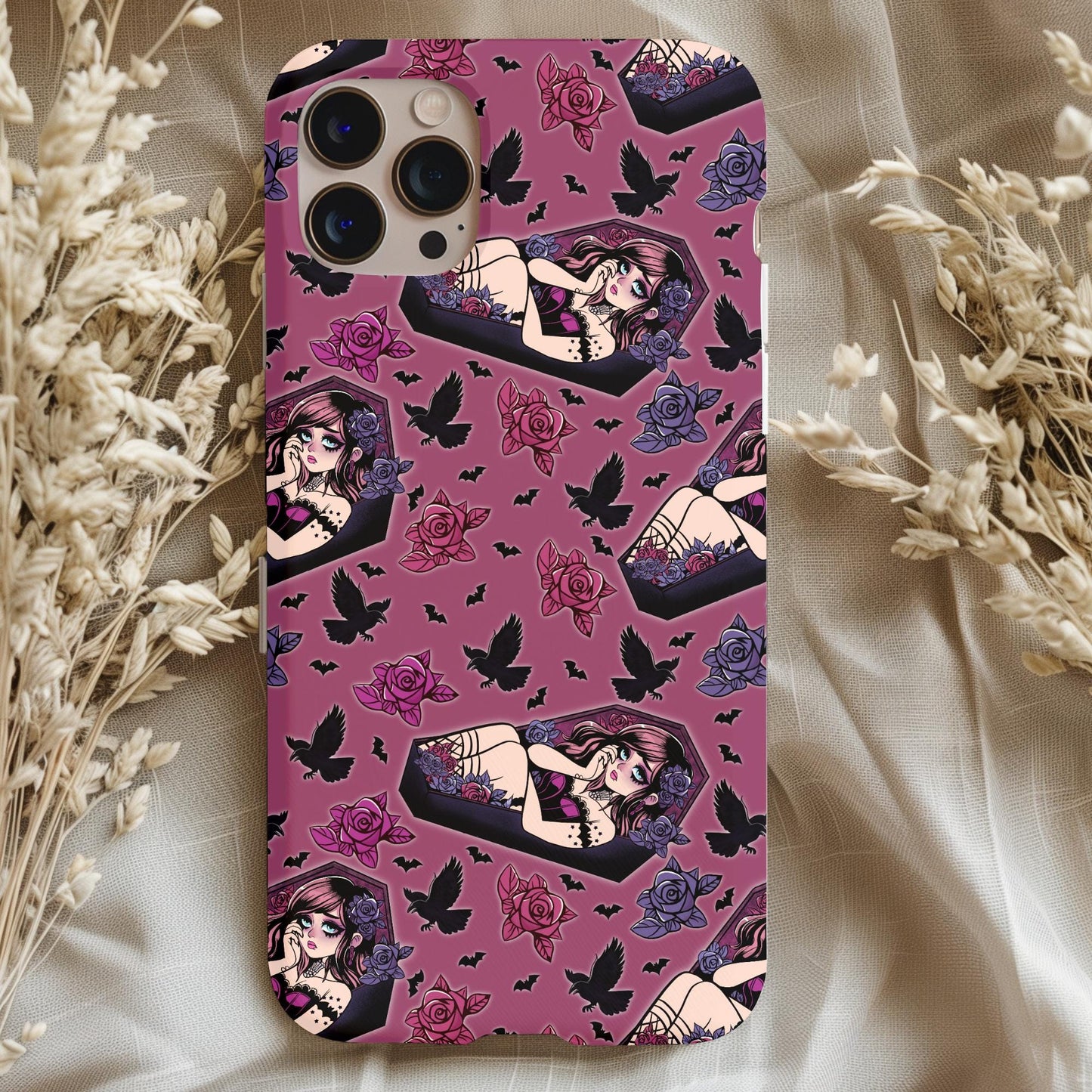 Goth Sad Girl Coffin Phone Case with purple background featuring gothic girl in coffin, roses, and black birds pattern.