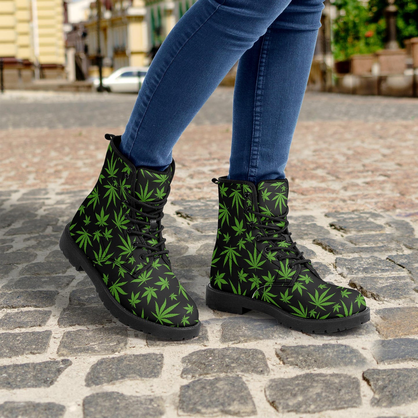 Weed Leaves 420 Leather Combat Boots