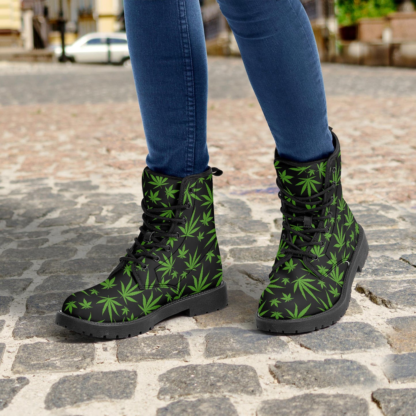 Weed Leaves 420 Leather Combat Boots