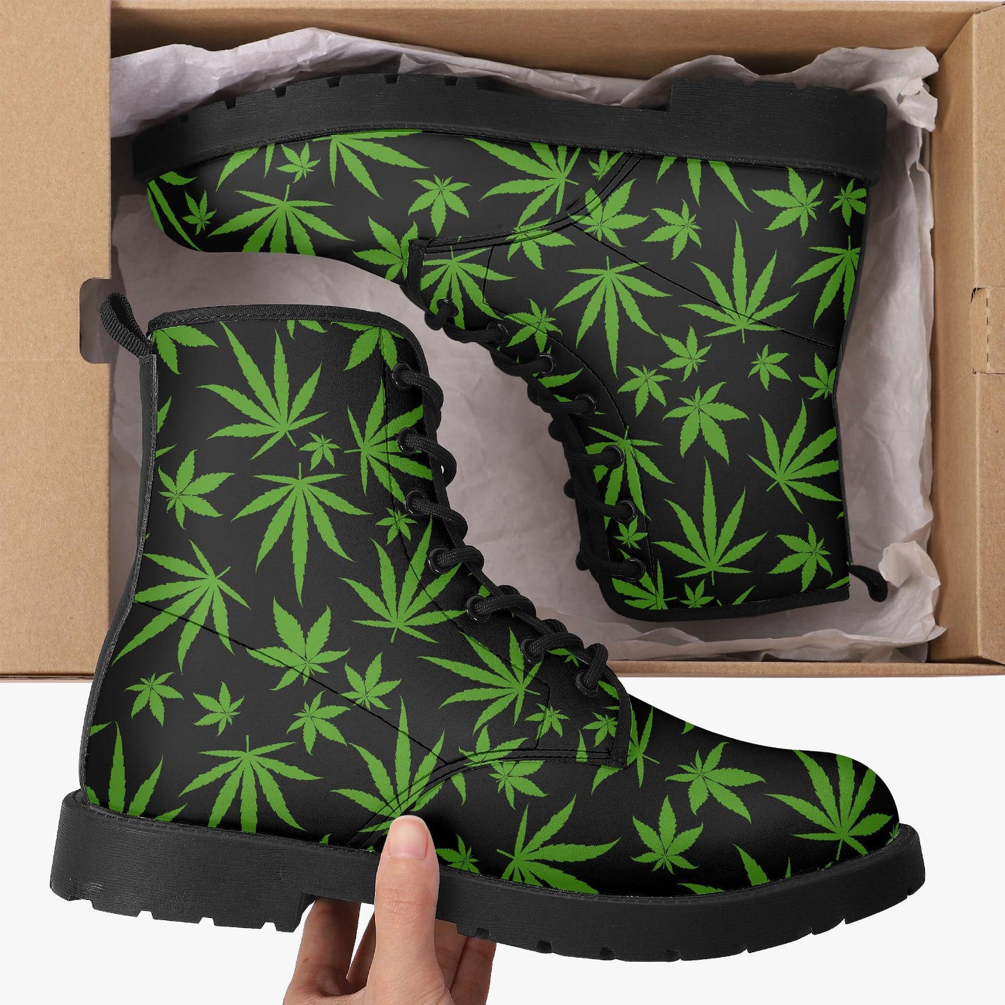 Weed Leaves 420 Leather Combat Boots