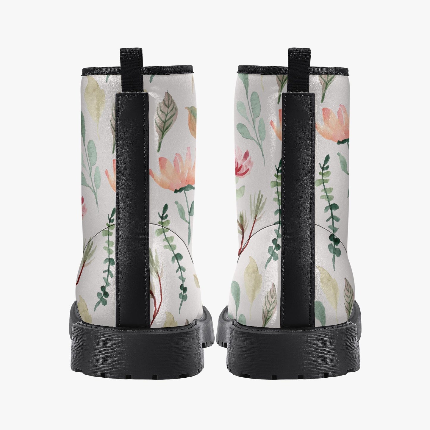 Floral Flowers White Leather Combat Boots