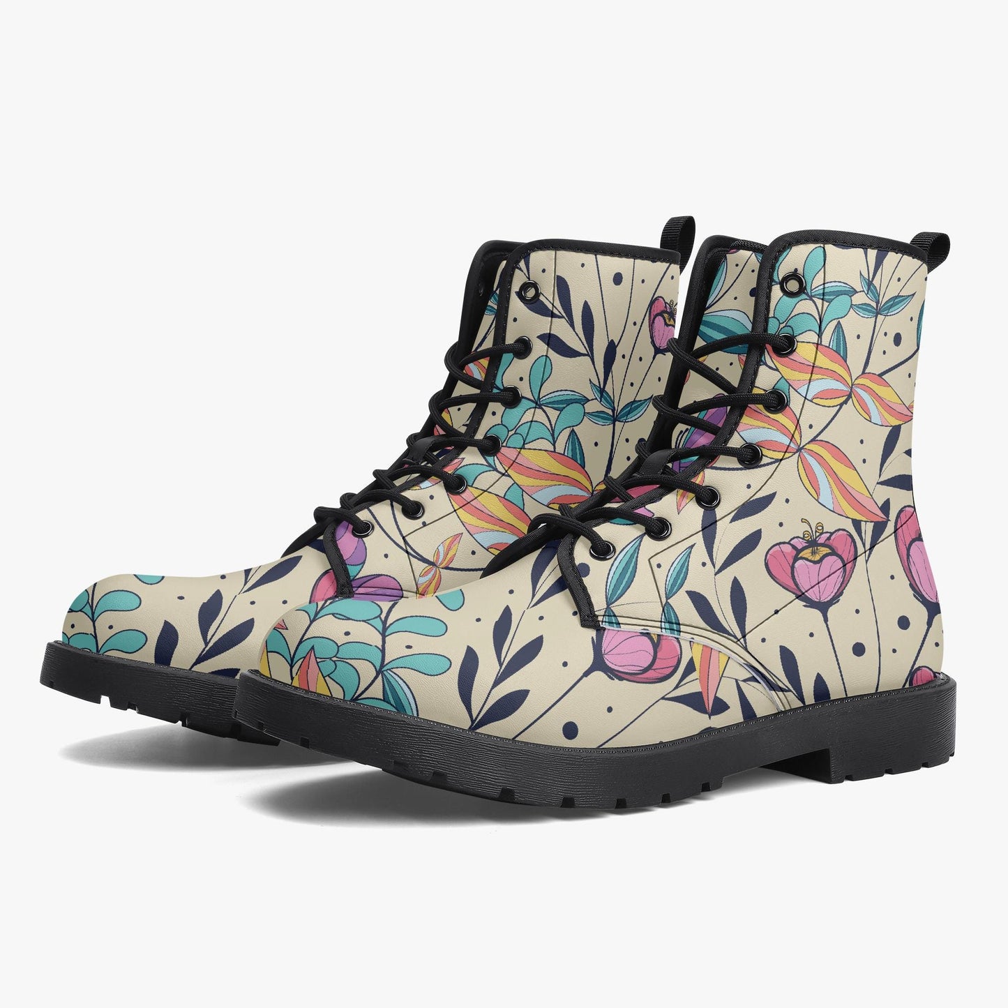Floral Flowers Leather Combat Boots