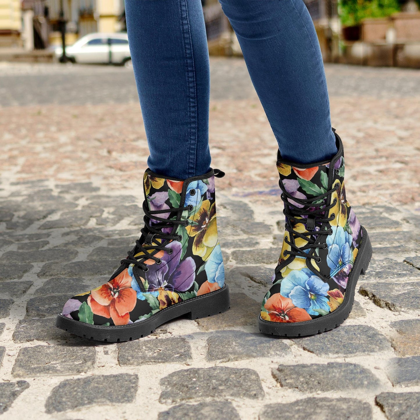 Floral Flowers Black Leather Combat Boots