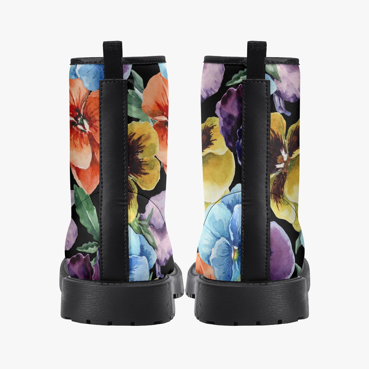 Floral Flowers Black Leather Combat Boots