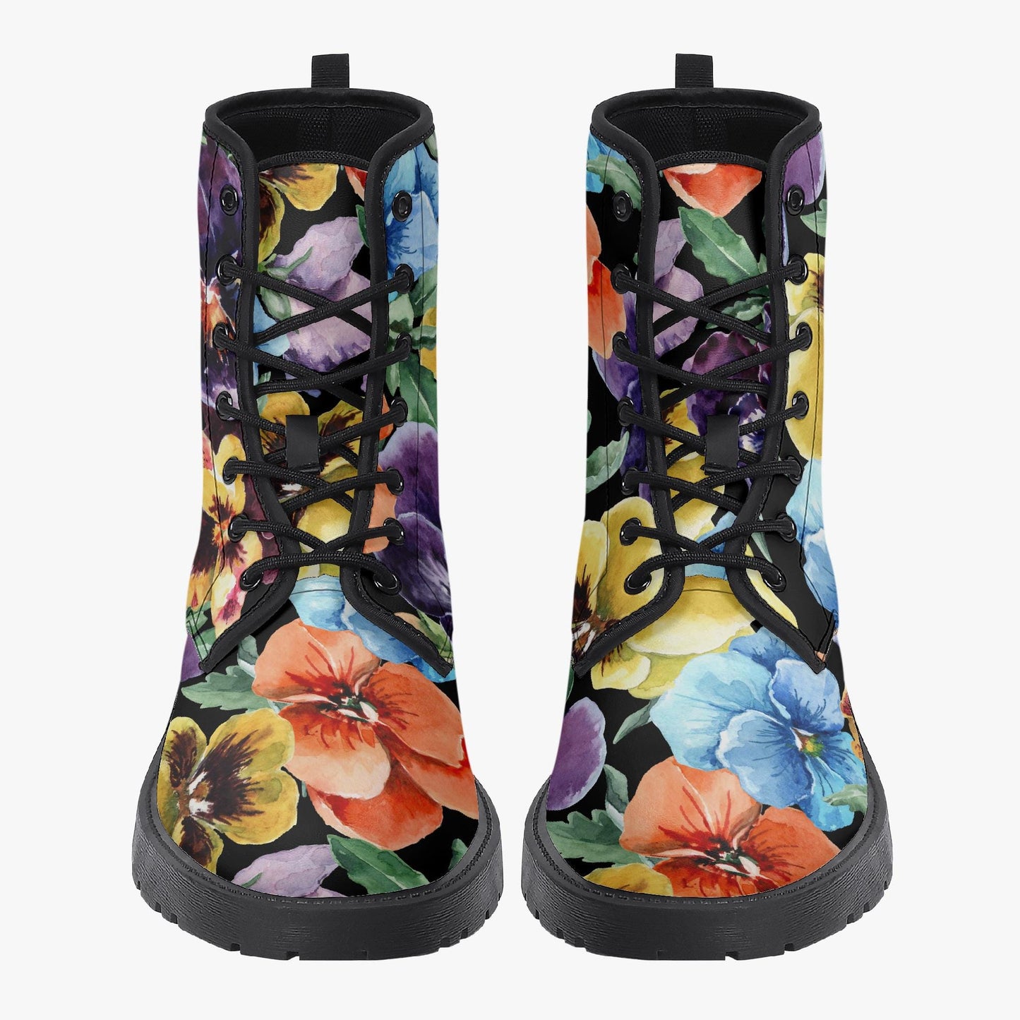 Floral Flowers Black Leather Combat Boots