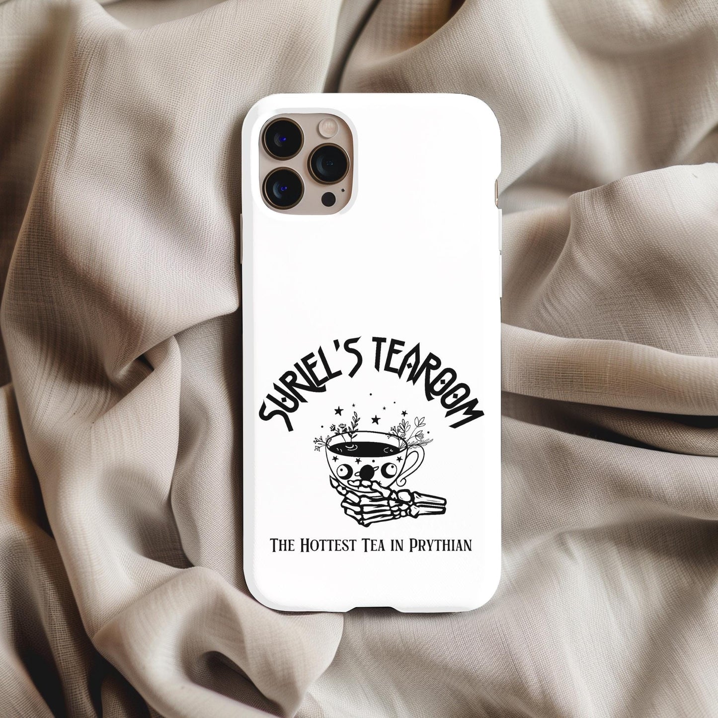 Suriel's Tea Room ACOTAR Phone Case with black and white tea cup design and text on white background