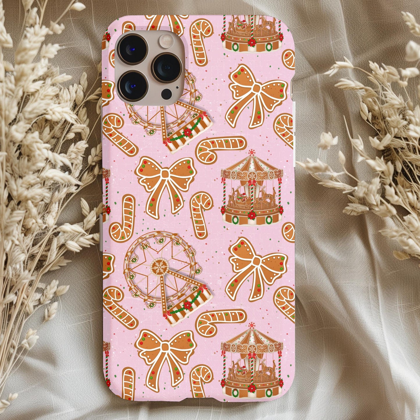 Gingerbread Fairs and Festivals Phone Case with candy canes, bows, ferris wheel, and carousel on soft pink background.