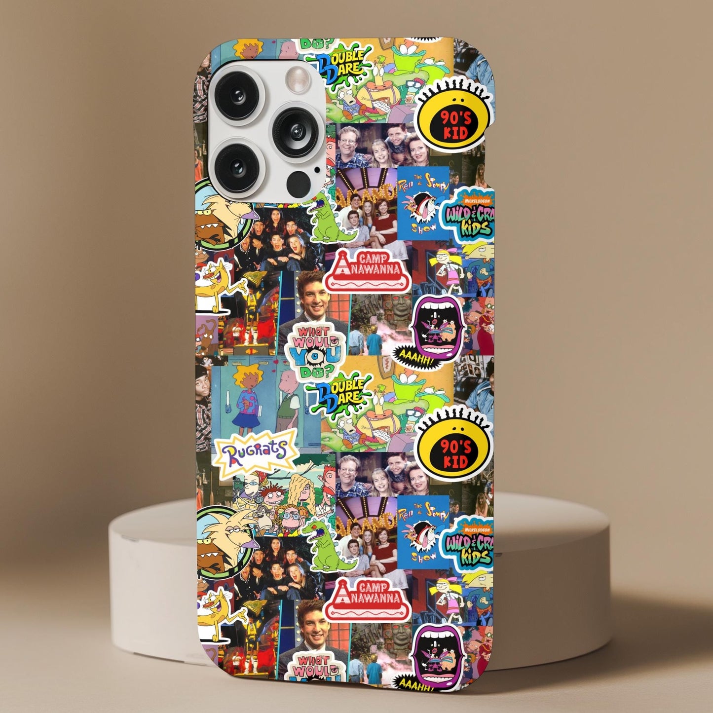 Nostalgic 90s TV Show Collage Phone Case featuring colorful icons from classic children’s shows and popular cartoons.