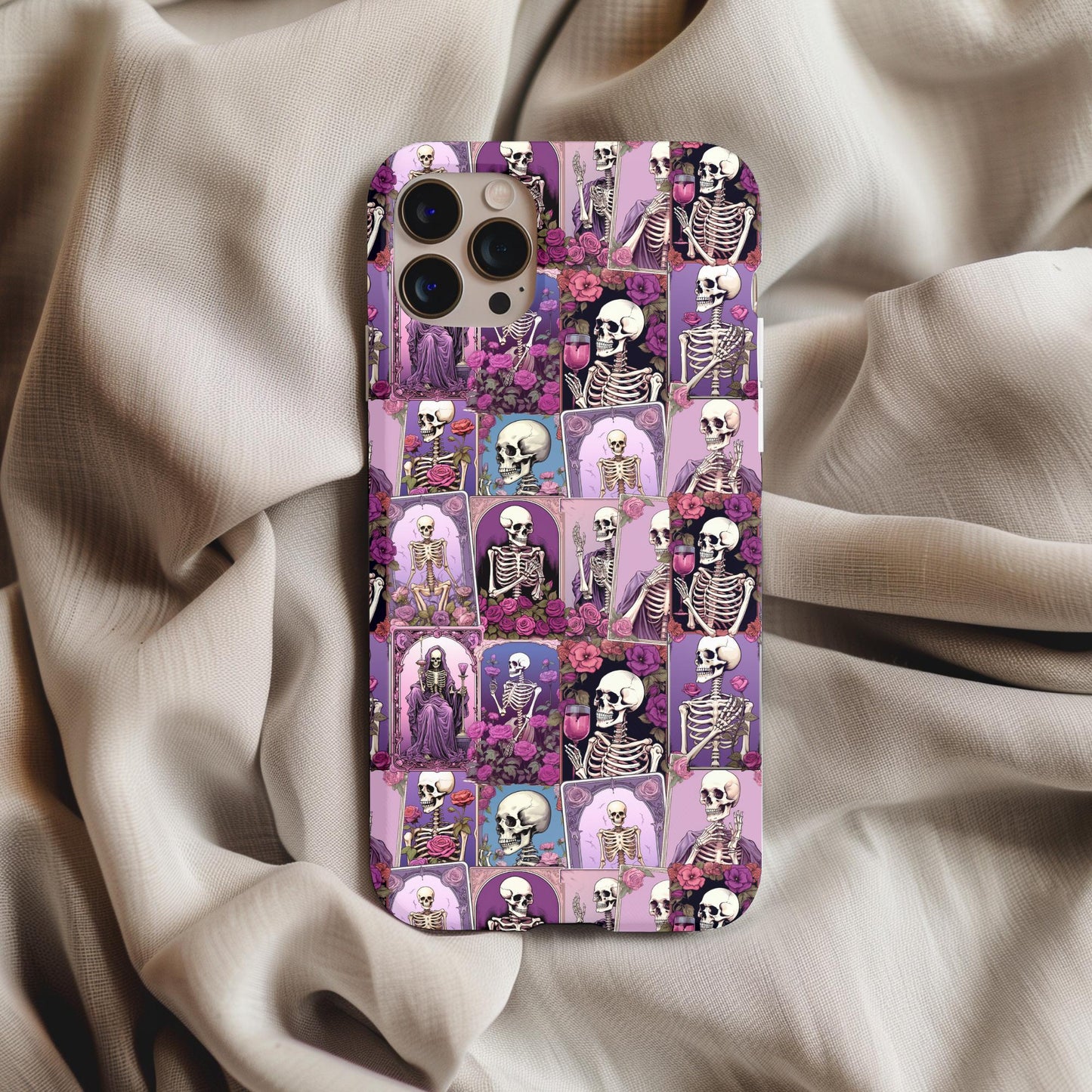 Halloween Skeleton Tarot Cards Phone Case featuring multiple skeleton illustrations on a purple background with floral accents