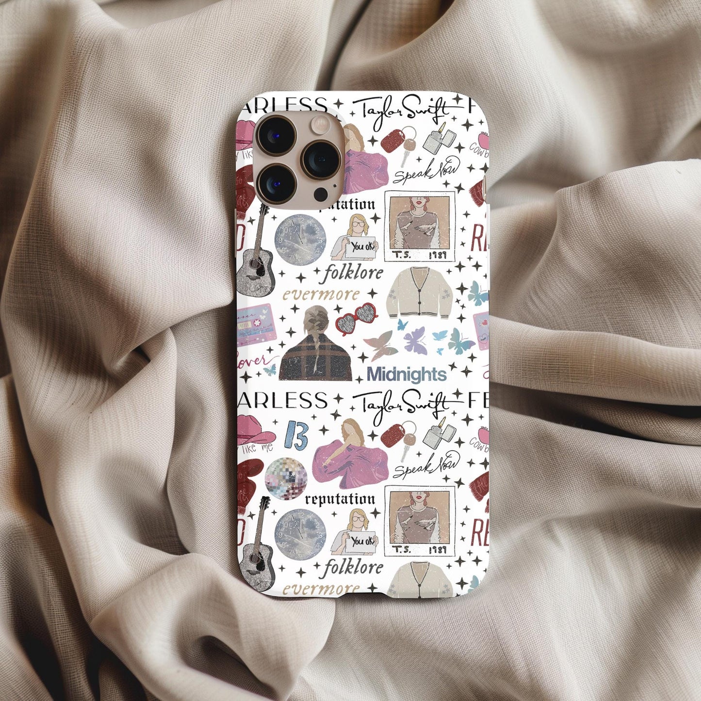 Taylor Swift Album Icons Phone Case featuring various album-themed illustrations on a white background