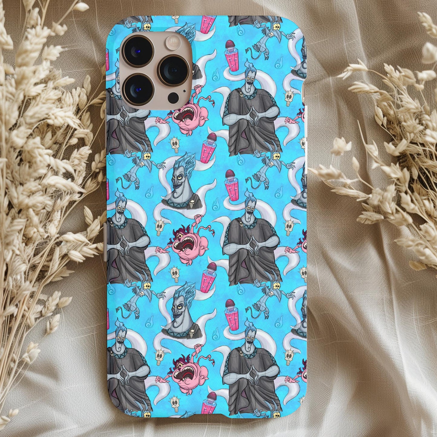 Hades Hercules Phone Case with vibrant blue background and playful cartoon designs of characters and objects.