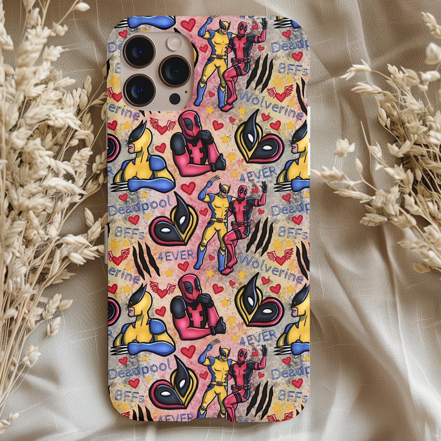 Deadpool Wolverine Best Friends Phone Case featuring colorful comic-style artwork of Deadpool and Wolverine with hearts and text elements.