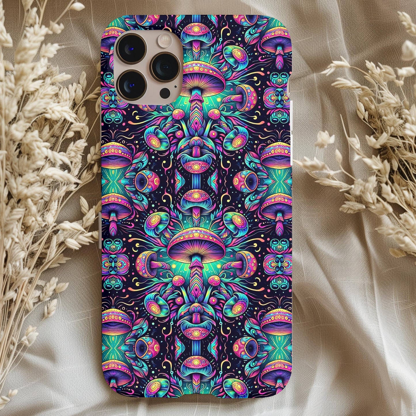 Psychedelic Mushrooms Phone Case featuring vibrant, colorful mushroom patterns with a trippy, artistic design on a phone.